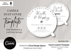 two circular labels with the words candle dust cover template for wooden and cotton wicks