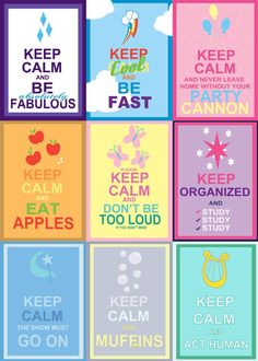 four different posters with the words keep calm and be fabulous, keep smiling, keep eating