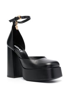 Find VERSACE Medusa Aevitas 125mm Leather Pumps on Editorialist. black calf leather gold-tone hardware strap detailing buckle-fastening ankle strap square toe branded leather insole high block heel