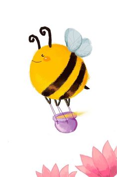 a drawing of a bee on top of a purple vase with water lilies around it