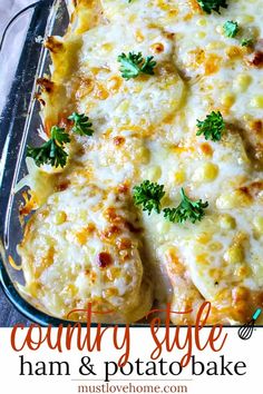 a cheesy casserole with ham and potatoes