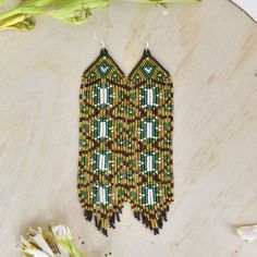 Golden Tapestry beaded fringe Earrings green brown white gold native american jewelry Mother Sierra Traditional Beaded Fringe Chandelier Earrings, Traditional Brown Handwoven Beaded Earrings, Traditional Brown Handwoven Earrings, Traditional Handwoven Brown Earrings, Traditional Green Handwoven Beaded Earrings, Bohemian Green Woven Earrings, Green Bohemian Woven Earrings, Artisan Brown Beaded Fringe Earrings, Traditional Brown Beaded Fringe Earrings