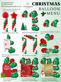 the christmas balloon menu is shown in green and red