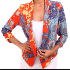 Brand New Boutique Orange Paisley Crop Jacket Super Cute!! Blue Floral Print Fall Blazer, Orange Floral Print Outerwear For Fall, Casual Paisley Print Spring Outerwear, Fall Floral Print Blue Blazer, Fall Blue Floral Print Blazer, Casual Orange Fall Blazer, Pink Jacket Blazer, Grey Suit Jacket, Black Suit Jacket