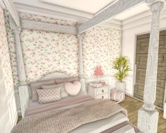 a bed room with a neatly made bed and flowers on the wall papered walls