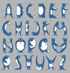 the alphabet is made up of penguins and letters with different shapes, sizes, and colors