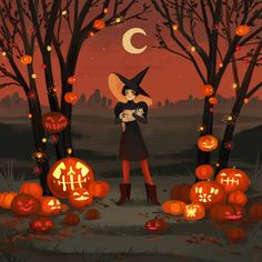 a woman in a witch costume holding a cat and surrounded by jack - o'- lanterns