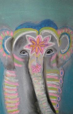 an elephant painted in pastel with flowers on it's trunk and ears, sitting against a blue background