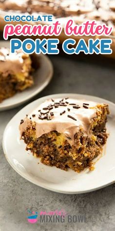 chocolate peanut butter poke cake on a plate