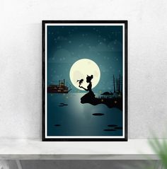 a poster with the silhouette of a cat sitting on a rock in front of a full moon