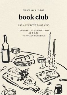 a table with food and wine is shown in this black and white flyer for the book club