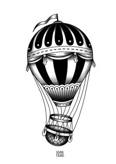 a black and white drawing of a hot air balloon