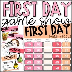 the first day game show is in pink and white with words on it, along with two