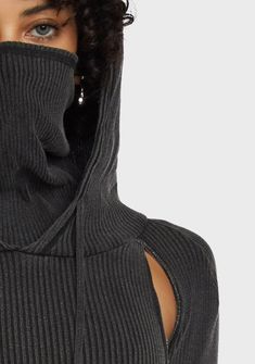 in stretch ribbed knit construction with dark washed gray finish. Fixed hood detail, cowled turtle neckline that can be pulled up into a mask, long sleeves with thumbhole cuffs, ruched sides with adjustable drawstrings, racerback cut-out design, and embroidered 'D' logo graphic at back. Fitted Casual Balaclava For Fall, Cut Out Mini Dress, Ruched Mini Dress, Free Socks, Cut Out Design, Goth Fashion, Pull Ups, Logo Graphic, Dolls Kill