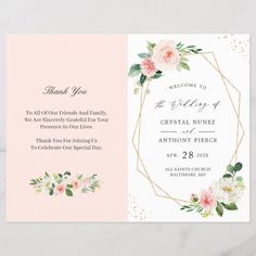 wedding thank card with pink flowers and greenery on the front, in gold foil