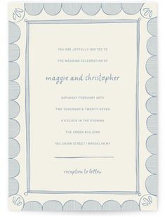 a wedding card with an ornate border on the front and bottom, in blue ink