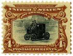 an old postage stamp with the image of two men riding in a car on it