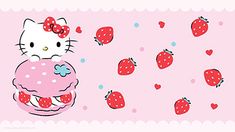 a hello kitty wallpaper with strawberries and cupcakes on the bottom half