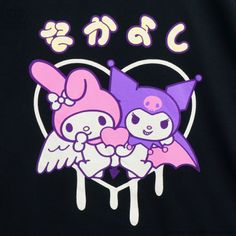 an image of two cartoon characters on a t - shirt with japanese writing in the background