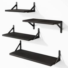 three black shelves with brackets on each shelf