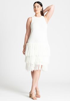 100% Acrylic TapeBodycon fitUnlinedHigh neckline, Tank/strappySleevelessHits at the kneeBody length from highest point of shoulder 38"Fringe detailStretch Plus Size Workwear, Sweater Mini Dress, Sleeveless Sweater Dress, Acrylic Sweater, Wrap Around Dress, Hem Sweater, Fringe Sweater, Engagement Dresses, Gowns Of Elegance