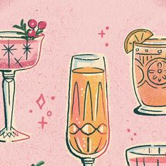 an illustration of different types of drinks on a pink background