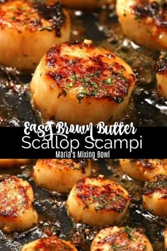 scallop scampi is cooking in a skillet and then being cooked