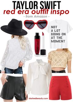 a woman wearing shorts, top and hat with text that reads taylor swift red era outfit inspo