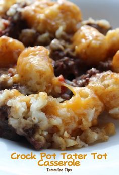 crock pot tater tot casserole on a white plate with text overlay