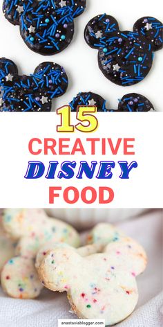 mickey mouse cookies with the words 15 creative disney food on top and an image of mickey mouse