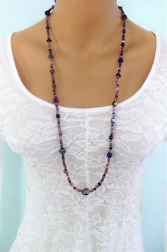 "Purple beaded Glasses Chain, and Glasses Necklace combination hand made by Ralston Originals. This is a unique original style glasses chain, and necklace combination designed by Ralston Originals. Unique from any other glasses chains on Etsy, Ralston Originals was the first to add the lobster clasp at the end of the chain to join together to make a Necklace. Brilliant! This makes it even more unique because you now have two pieces of jewelry in one!! Wear it to work or out shopping as a Necklac Adjustable Long Necklace With Faceted Beads As Gift, Beaded Glass Long Necklace As A Gift, Glass Beaded Chain Long Necklace, Glass Beads Long Necklace For Gift, Glass Beads Long Necklace As Gift, Handmade Glass Long Necklace For Gift, Bohemian Glass Long Necklace For Gift, Bohemian Glass Long Necklace Gift, Bohemian Purple Glass Necklace