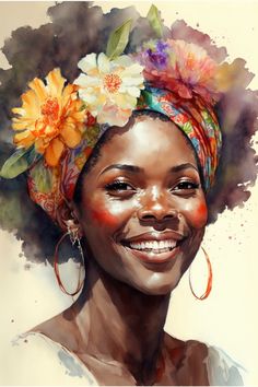 a painting of a woman with flowers on her head and large hoop earrings in front of her face