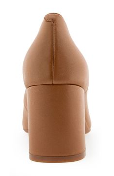 An almond toe defines this classic leather pump elevated by a half-moon block heel and a shock-absorbing sole. Leather upper/synthetic lining and sole Imported Beige Leather Block Heels With 4-inch Heel, Synthetic Closed Toe Court Shoes With Stacked Heel, Synthetic Court Shoes With Stacked Heel And Closed Toe, Modern Brown Block Heels With Round Toe, Polyurethane Heels With Sculpted Block Heel, Leather Pumps With 4-inch Heel And Almond Toe, Leather Round Toe Pumps For Office, Office Leather Pumps With Round Toe, Synthetic Almond Toe Court Shoes With Padded Heel