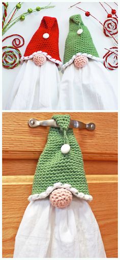 crocheted clothes hanging on a door handle with the words free pattern below it