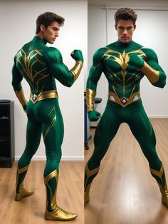 a man in green and gold costume standing on a wooden floor next to a wall