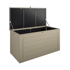 an outdoor storage box with the lid open and two doors closed, on a white background