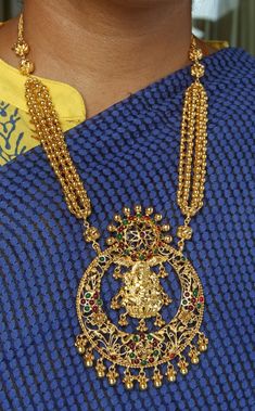 22 Karat Gold 'Lakshmi' Necklace with Beads(Temple Jewellery) 
    Length of the Necklace with Pendant : 22.00 inches
   - 235-GN1606 - in 72.650 Grams for USD $5702.04. 
Made in India by Totaram Jewelers Online this product is in Gold - 22 Karat BIS Hallmark 916 KDM Gold  & is an excellent gift for Adult - Women. Ships fully insured with secured guaranteed delivery for free with your order over $250 from New Jersey USA & comes with 30 days exchange policy. Yellow Gold Chandbali Temple Necklace For Puja, Yellow Gold Kundan Necklace For Puja And Festivals, Yellow Gold Chandbali Temple Necklace, 22k Gold Meenakari Temple Necklace For Puja, 22k Gold Kundan Necklace For Navratri Puja, Gold Kundan Mala For Spiritual Use, Yellow Gold Temple Necklace With Latkans, Spiritual Kundan Mala In Gold, Spiritual Gold Kundan Mala