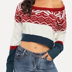 Nwot Cropped Holiday Sweater Latest Sweater, Acrylic Sweater, Party Dress Short, Crop Sweater, Sweaters Online, Sweater Knitting Patterns, Holiday Sweater, Geo Print, Sweater And Shorts