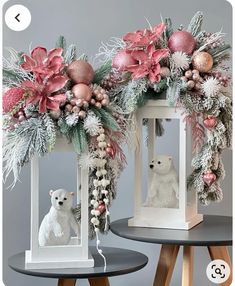 two christmas decorations with polar bears and poinsettis on them, one is white and the other is pink