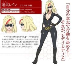 an anime character with blonde hair and glasses on her face, wearing black clothes and sunglasses