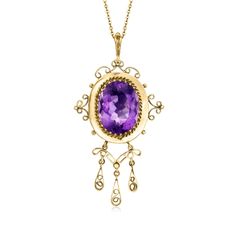 Ross-Simons - C. 1900 Vintage 17.50ct Amethyst Pendant Necklace in 10kt, 14kt Gold. 16.5". C. 1900. Dating back to the Victorian era, this sensational Estate collection necklace holds over 120 years of high-fashion history within its ornamental design. A stunning 17.50 carat oval amethyst casts classic, highly faceted color from a decorative 10kt yellow gold pendant with swirling details and a trio of dangling drops. Suspends from a 14kt yellow gold cable chain. Slide clasp, amethyst pendant necklace. Exclusive, one-of-a-kind Estate Jewelry. Amethyst birthstones are the perfect gift for February birthdays. Amethyst Pendant Necklace, Ornamental Design, Amethyst Birthstone, Amethyst Necklace Pendant, Yellow Gold Pendants, Amethyst Pendant, Victorian Era, Fashion History, 14kt Gold