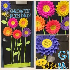 the bulletin board is decorated with colorful flowers