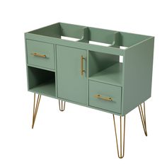 a green cabinet with two drawers and gold handles