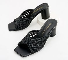 A slide worth stepping into, these heeled mules elevate any outfit with an on-trend woven design. From INTENTIONALLY BLANK. Casual High Heel Woven Leather Heels, Casual Woven Leather High Heels, Black Woven Leather Mules For Spring, Chic Woven Leather Mules For Spring, Chic Slip-on Heels With Woven Sole, Chic Spring Mules With Woven Leather, Summer Pointed Toe Heels With Woven Sole, Chic Party Heels With Woven Leather, Chic Woven Leather Mules With Open Heel