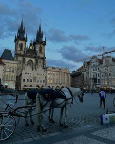 a horse drawn carriage parked in front of a large building with towers on it's sides