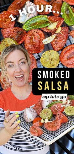 traeger smoked salsa recipe images with text overlay and food blogger Jenna Passaro from Sip Bite Go Smoked Tomato Salsa, Smoked Salsa Recipe Traeger, Smoker Salsa Recipe, Smoker Salsa, Smoked Salsa Traeger, Smoked Salsa Recipe Canning, Smoked Jalapenos, Smoked Salsa Recipe, Garden Salsa Recipe