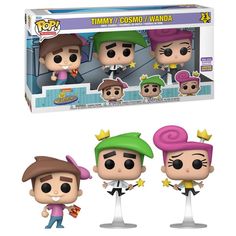 three funky pop vinyl figurines in their packaging