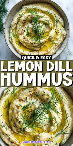 two bowls filled with lemon dill hummus