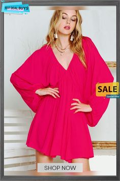 Hot Pink Peplum V-neck Long Sleeve Mini Dress Mini Dress Hot, Ruffle Wedding Dress, Formal Cocktail Dress, Mini Robes, Dreamy Dress, Spring Outfits Women, Body Dress, Dresses By Length, Active Wear Leggings