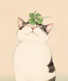 a white cat with a green clover on its head is sitting in front of a beige background